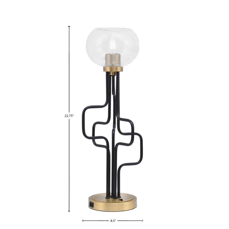 Lampe d'appoint Amarmula, avec ports USB, fini noir mat et laiton vieilli, verre bullé transparent de 7 po, Doré, Clair