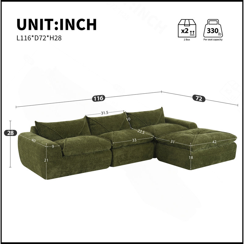 Canapé de 116 po entièrement compressé avec mousse haute densité, aucun assemblage requis, conception sans pieds sans cadre, dossier et coussin de siège intégrés, combinaison libre, chenille de particules