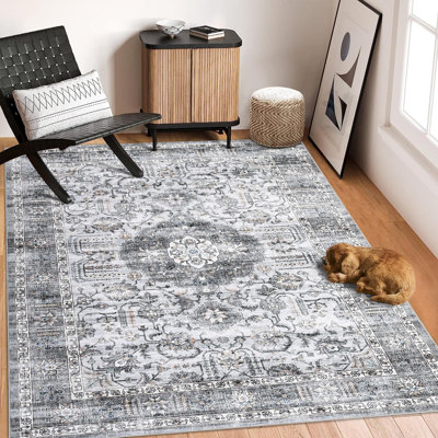 Grand tapis décoratif de salle à manger 10 x 13 médaillons avec envers antidérapant, tapis d'intérieur traditionnels sans perte de poids, revêtement de sol mince lavable à la machine pour la chambre à coucher, la cuisine