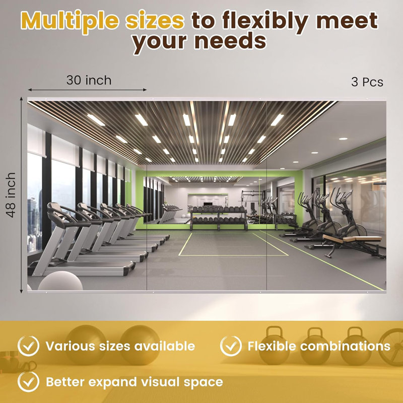 Full-Length Frameless Tempered Glass Yoga Mirrors with Mounting Kit for Home Gym, Yoga & Dance Studio, Set of 2/3, 48" x 30"
