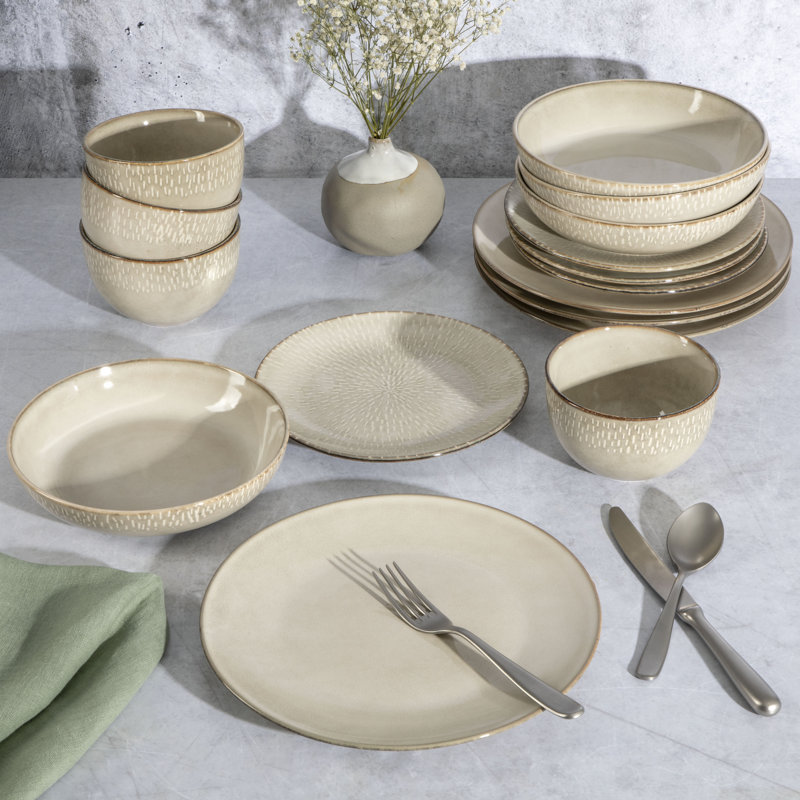 16-Piece Taupe Ceramic Dinnerware Set with Reactive Glaze