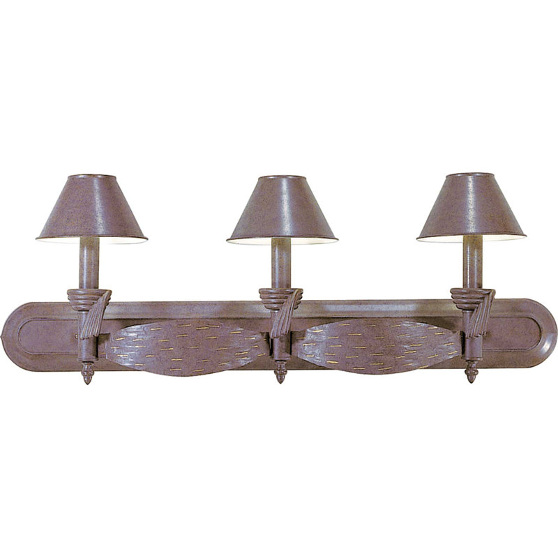 Toltec 3-Light Indoor Prairie Rock and Gold Wrought Iron Wall Mount Wall Sconce Vanity Light with Metal Shades