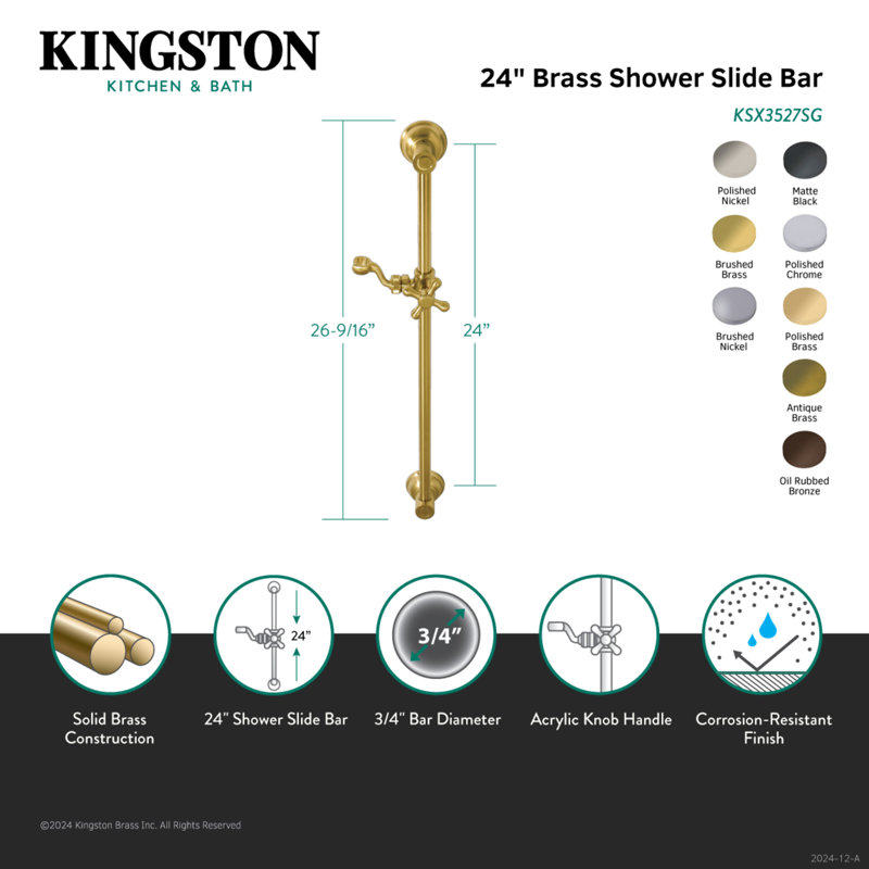 Barre de douche coulissante en laiton Kingston 24 po, Bronze huilé