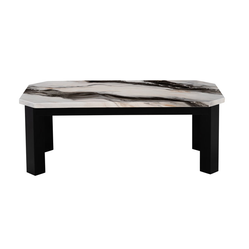 Table basse de style contemporain avec faux marbre et pieds noirs, table rectangulaire d'inspiration Panda, intérieur