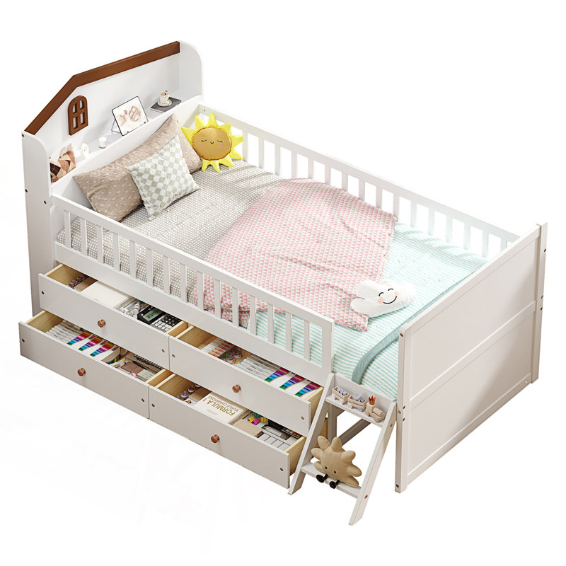 Twin Bed Frame With Storage 4 Drawers, Bed Frame, Platform Twin Size Bed With Guardrail Headboard And Ladder, White