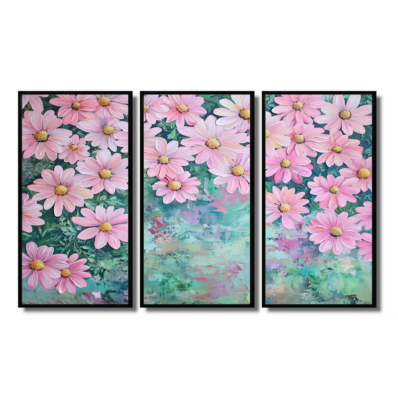 «Spring Pink Daisy Symphony II - Daisies», ensemble de reproduction d'art mural, H 28 po x l 36 po, Noir