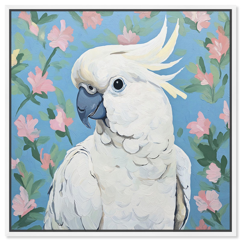 «White Cockatoo I», art floral tropical par , H 13 po x l 13 po, Cadre flottant blanc