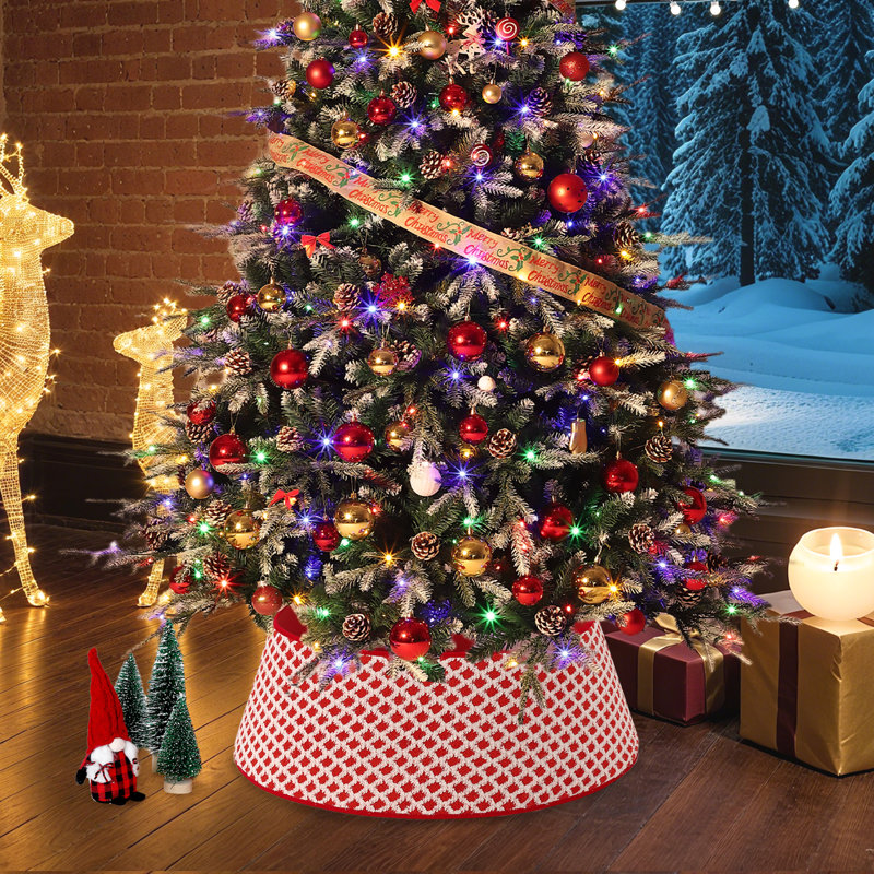Jupe de sapin de Noël matelassée à losanges - Douce, décoration de Noël moderne, résistante aux animaux, réutilisable, ajustable avec 2 clips - Blanc, Argent, 65 x 85 x 25 cm