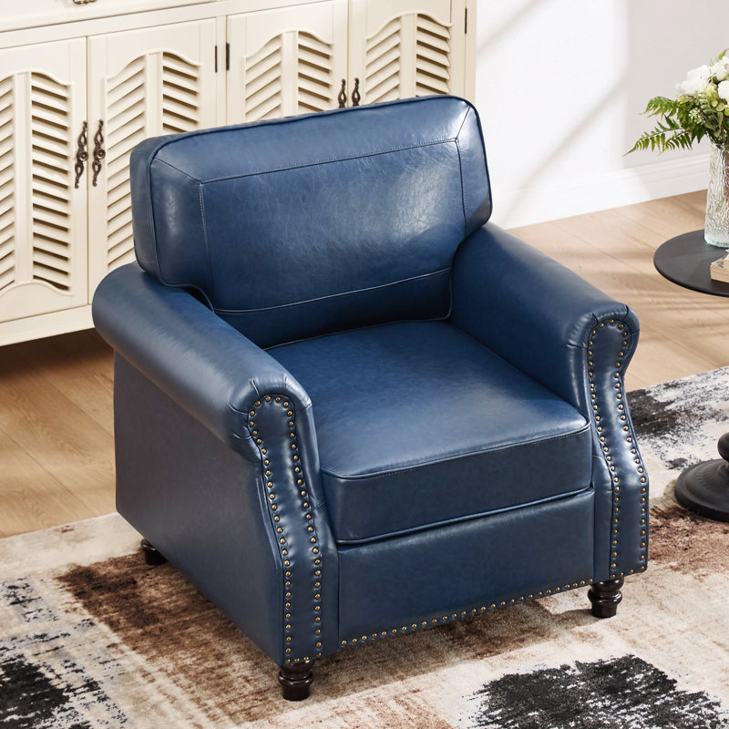 Upholstered Accent Chair Faux Leather Rolled Armchair, Blue