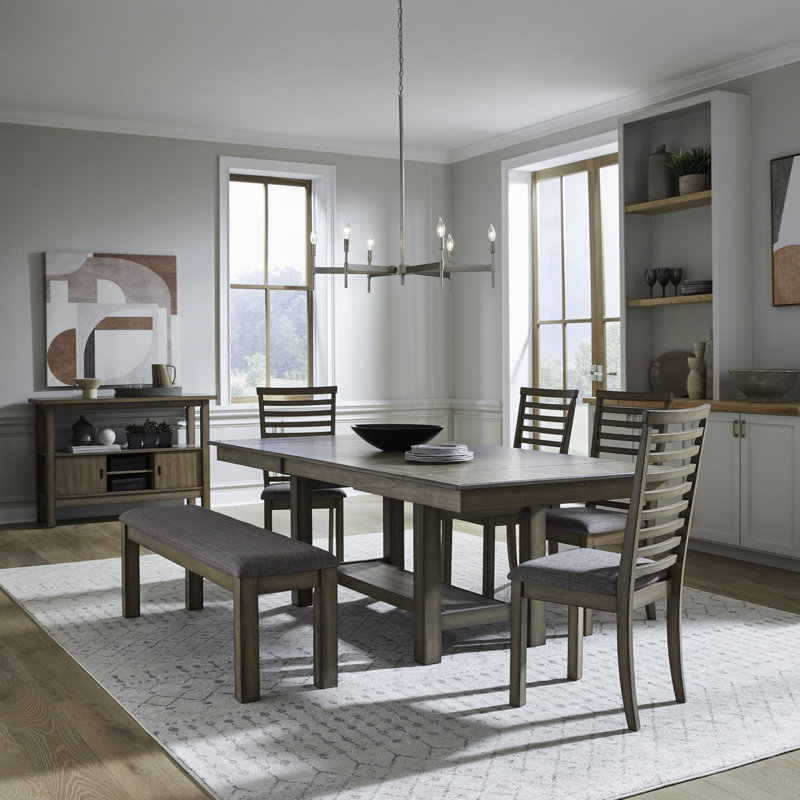 Luz Trestle Table Dining Set w/ 4 Upholstered Chairs & 1 Bench, Brown/Brown