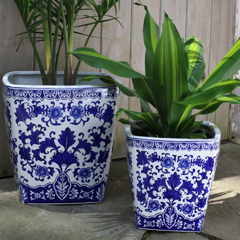 Blue Garden and Camelia Garden Planter, 14" H x 14" W x 14" D