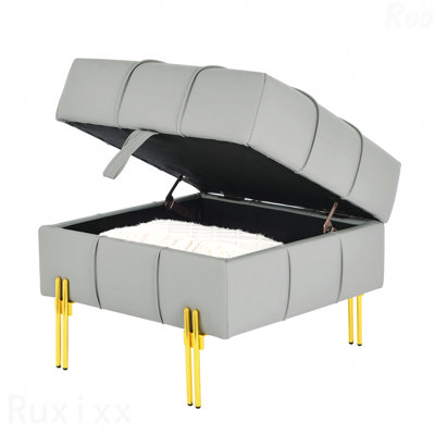 22 Inches Anti-Scratch Leather Storage Ottoman, Pet Friendly Entryway Bench With Golden Stainless Steel Legs, Gray
