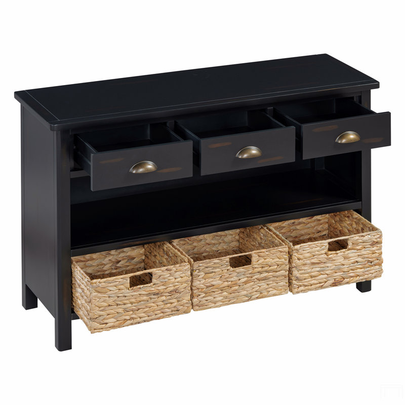 Console rétro avec 3 tiroirs de rangement, table d'entrée avec 3 paniers tissés en jacinthe d'eau, armoire-buffet en bois