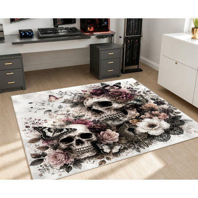 Tapis à imprimé floral gothique à motif de crâne gothique, motif de crâne de rose et de papillon volant rétro, artistique délicat, lavable à la machine, envers antidérapant, tapis d'intérieur unique pour le salon, la chambre à coucher, le dortoir, un appartement