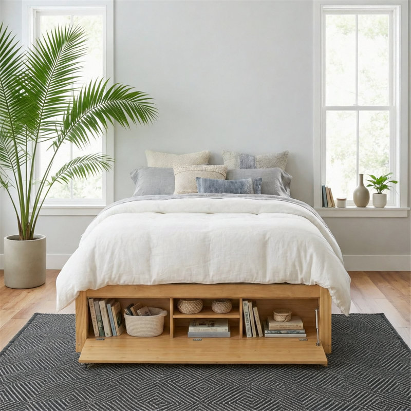 Platform Bed Frame With 4 Storage Drawers And Footboard Storage, Natural