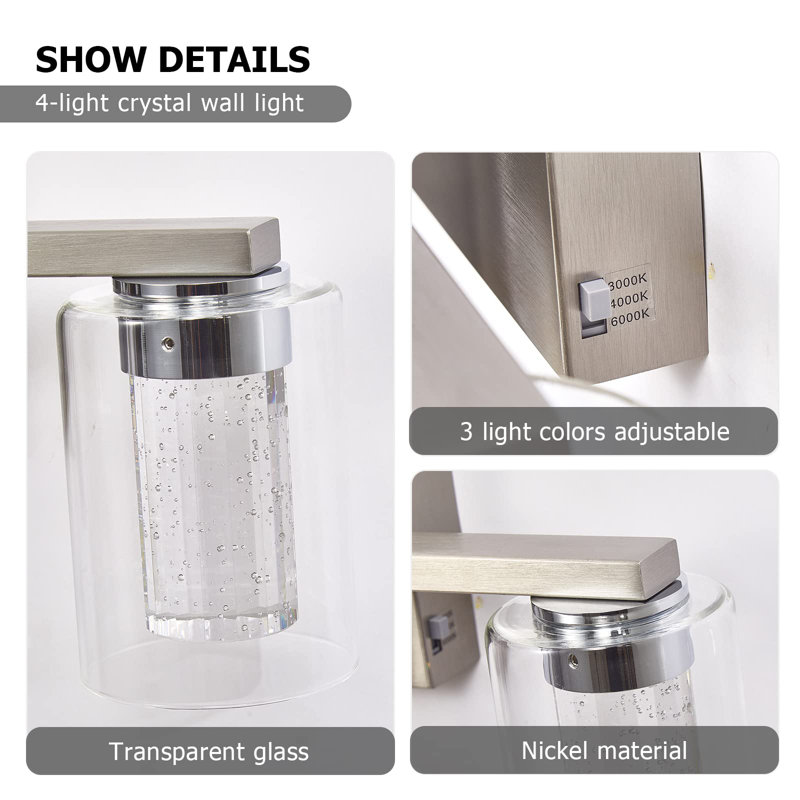 Dimmable 4-Light Brushed Nickel Vanity Bathroom Light with Clear Glass Shades