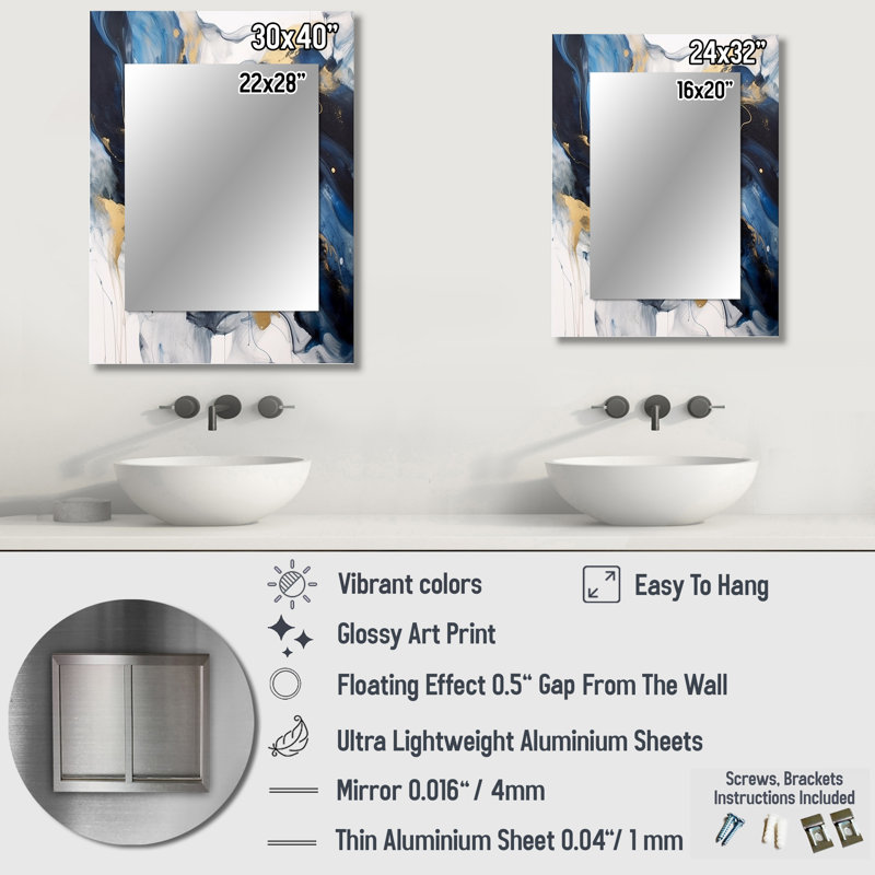 McKibbens - bleu foncé et doré, motif de fractales, miroir décoratif bleu, 40 po x 30 po