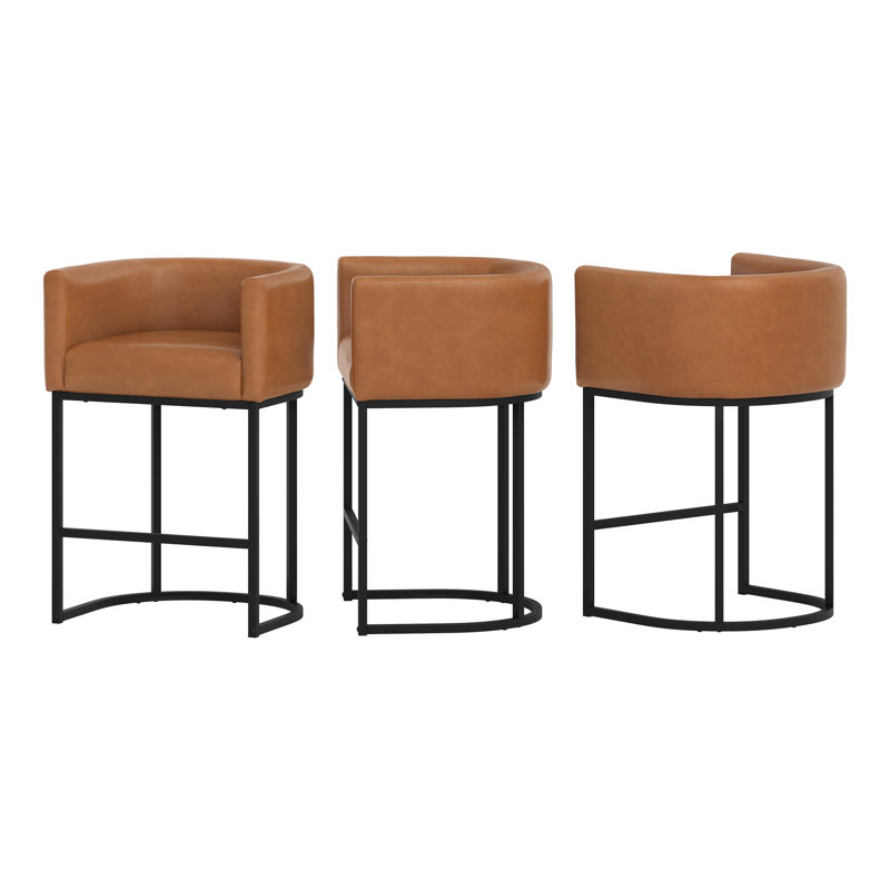 Tabouret de comptoir rembourré 26 "avec structure en métal Jessica, Noir, Brun jaunâtre / similicuir