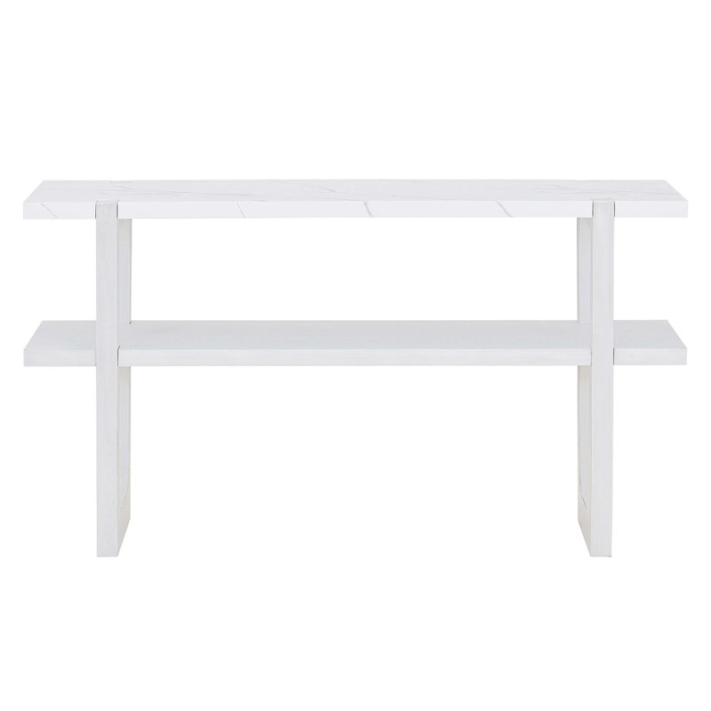 Narrow Console Table with Marble Effect Top, Retro Entryway Table with Open Shelf, Antique White