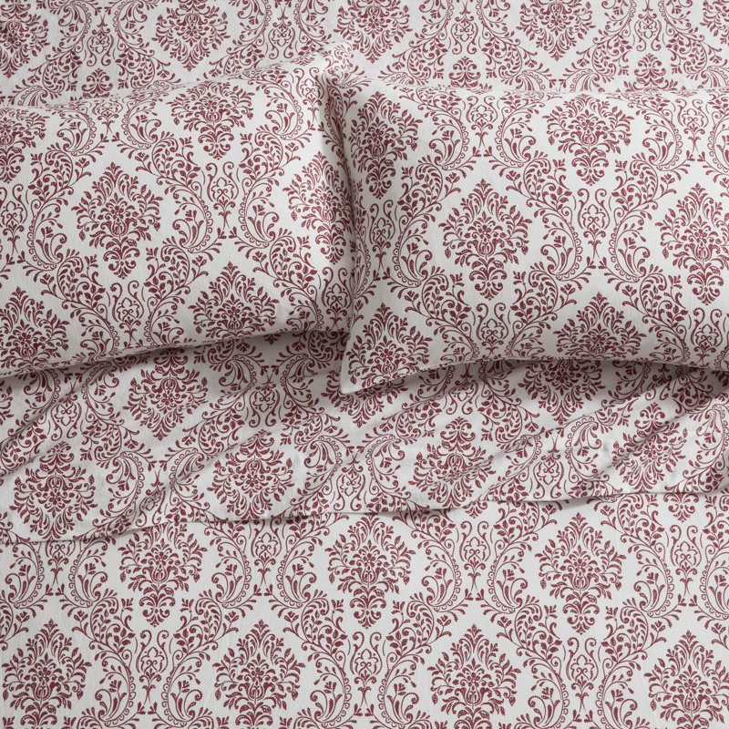 Damask Triple Brushed Cotton Flannel Bed Sheet Set, Queen Sheet Set + Fitted Sheet + Pillowcases, Red/White