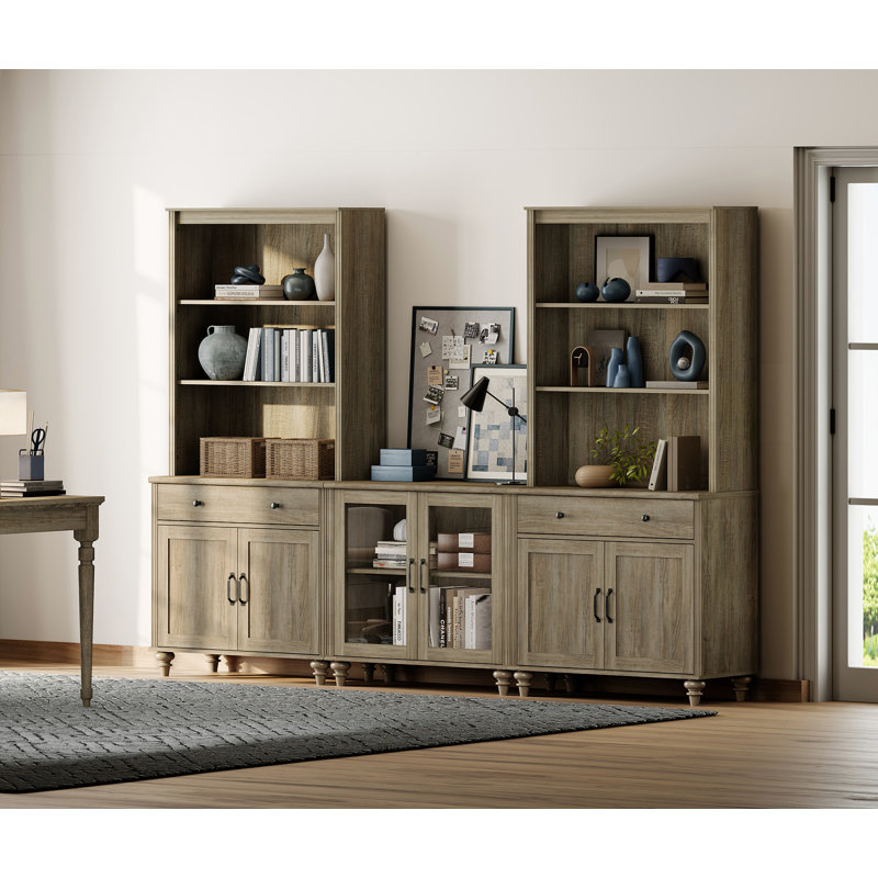 Buffet avec bahut, buffet avec deux portes en bois, deux portes en verre et deux tablettes à 3 niveaux, gris délavé, 101 po
