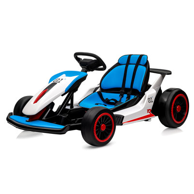 Kart électrique 24 V pour enfants de 6 à 12 ans, voiture à dérive alimentée par batterie avec moteur puissant, démarrage lent, musique intégrée, ceinture de sécurité et charge maximale de 110 lb, bleu