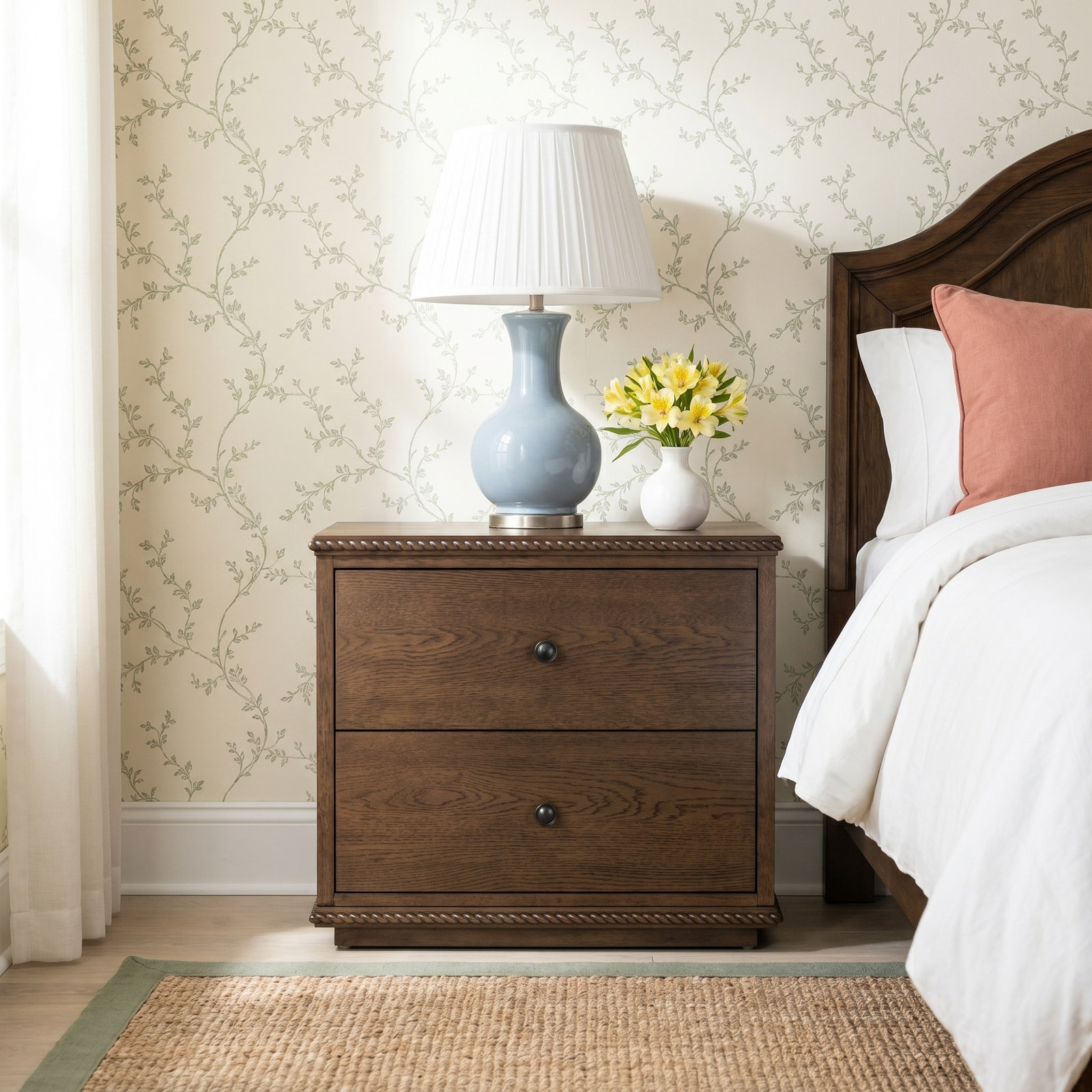 Nightstand with Rope Detailing, Dark Walnut