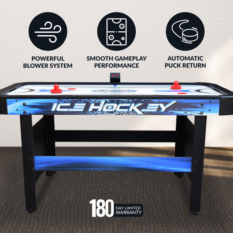 Table de jeu de hockey pneumatique de 5 pi Hathaway Face-Off pour salles de jeux familiales - avec pointage électronique à DEL, ventilateur de 110 V haute puissance, boîtes de but double, butoirs et rondelles - finition bleue / blanche