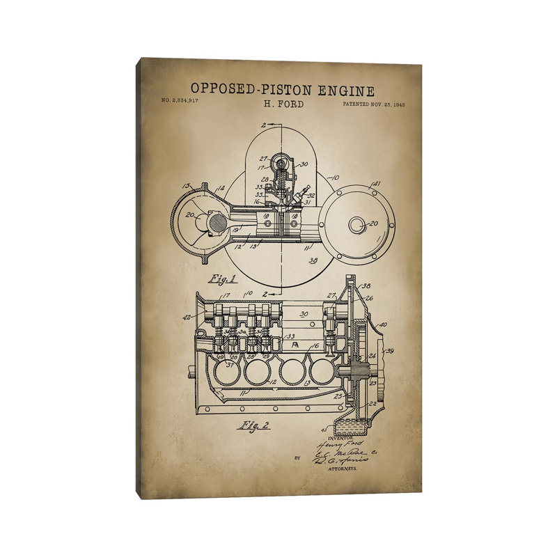 Opposed-Piston Engine by PatentPrintStore - Wrapped Canvas Print, 20.32 cm H x 30.48 cm W