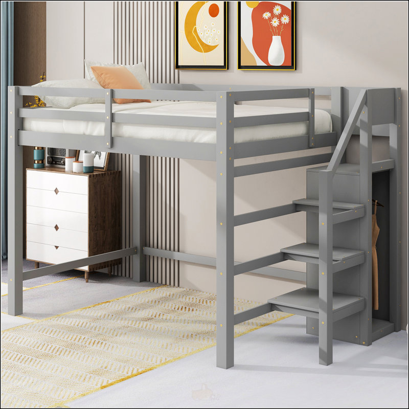Lit mezzanine double avec garde-robe et escalier de rangement intégrés, gris, Gris