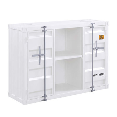 Desserte blanche avec tablettes ouvertes et 2 armoires