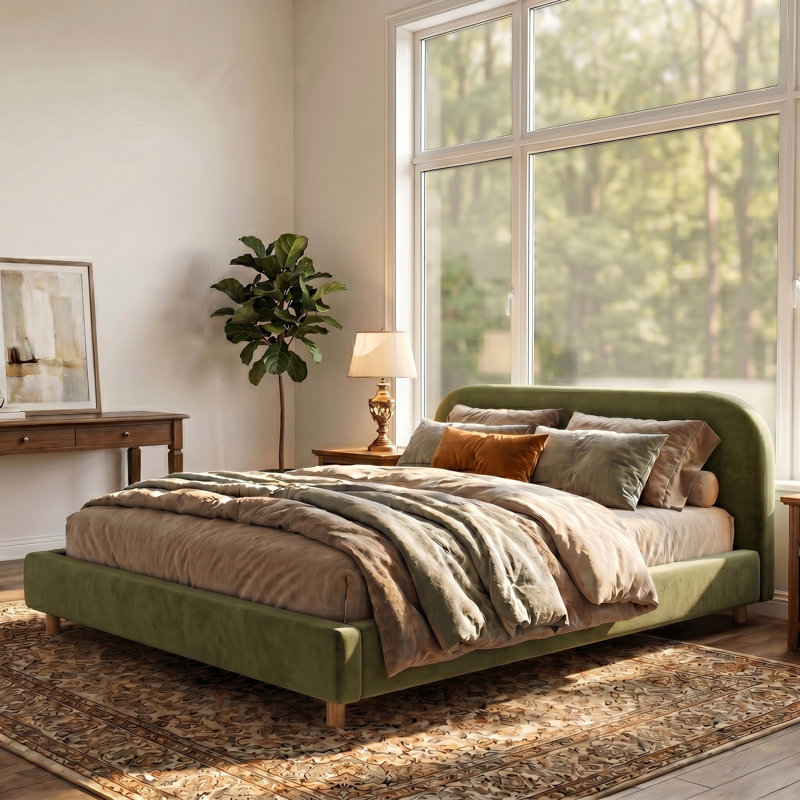Cadre de lit California King Size capitonné avec revêtement en velours et tête de lit épaisse au design incurvé, pieds en bois massif, vert olive