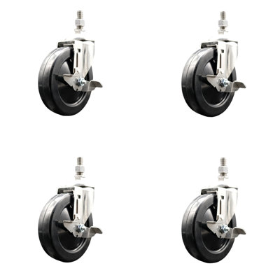 316SS Soft Rubber Wheel Swivel Threaded Stem Caster Set Brake