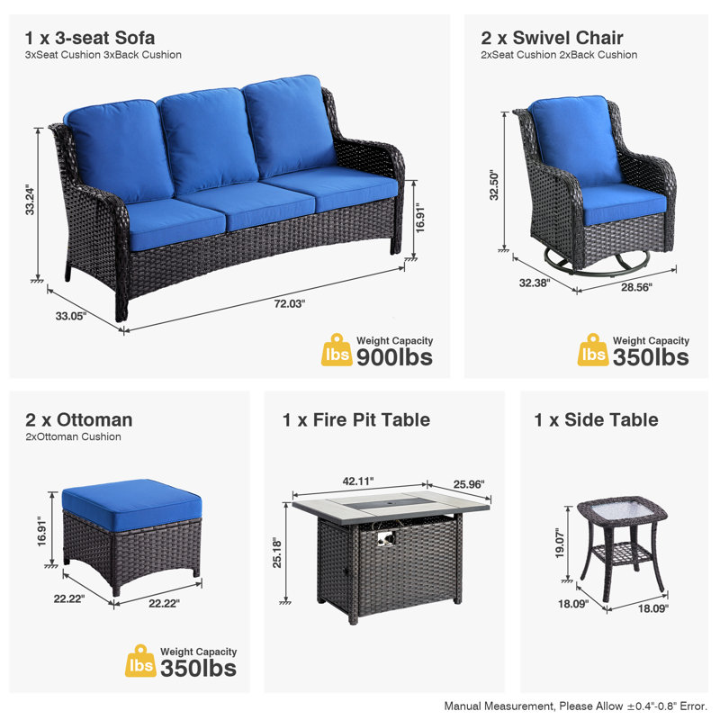 5 - Person Wicker Outdoor Conversation Set, Patio Sofa Swivel Chair Set with Fire Pit and Cushions, Navy Cushion/Brown Frame