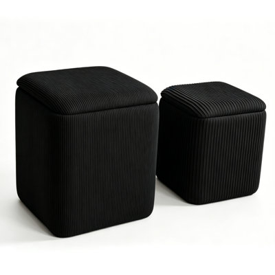 L 14,6 po x l 14,6 po x H 17,1 po avec repose-pieds rayé carré avec compartiment caché et couvercle, repose-pieds de tabouret de coiffeuse pour le vestibule du salon de la chambre à coucher, cadre en bois d'ingénierie recouvert de flanelle douce, noir