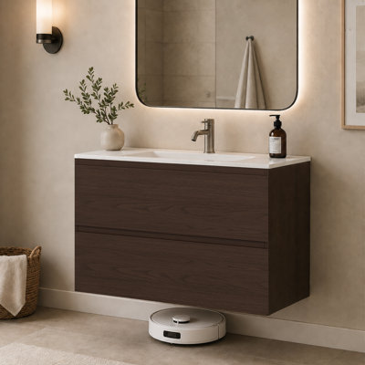 Meuble-lavabo flottant mural simple 36 po avec lavabo en céramique, noyer foncé, contreplaqué de bois franc