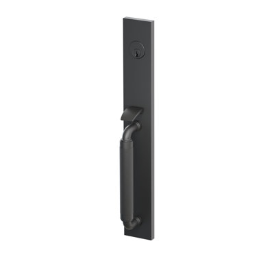 Ensemble de pinces d'entrée Emtek SELECT, F20, à mortaiser pleine longueur, entraxe de 70 mm (2-3/4 po), tige extérieure en forme de R, poignée moletée ; poignée intérieure Helios, noir mat, pour gaucher