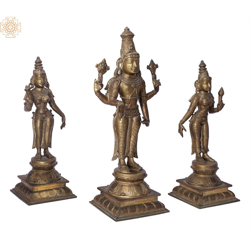 Perumal 12 "avec sri Devi et Bhu Devi - ensemble de bronze Panchaloha fait à la main, cire perdue Madhuchista Vidhana, traditionnel Swamimalai