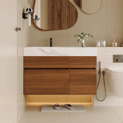 36" Modern Floating Bathroom Vanity With Seamless Sintered Stone Top & Ceramic Sink