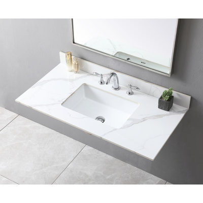 Dessus de meuble-lavabo en pierre frittée 43 x 22 avec 3 trous de robinet et lavabo sur pied en céramique de 43 x 22 pouces de couleur chartreuse