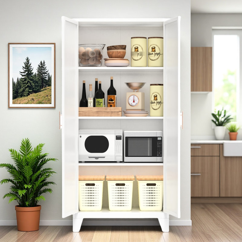 Armoire de rangement en métal avec 2 portes et tablettes réglables, Blanc