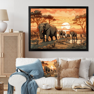 Safari orange orange avec éléphants I - impression