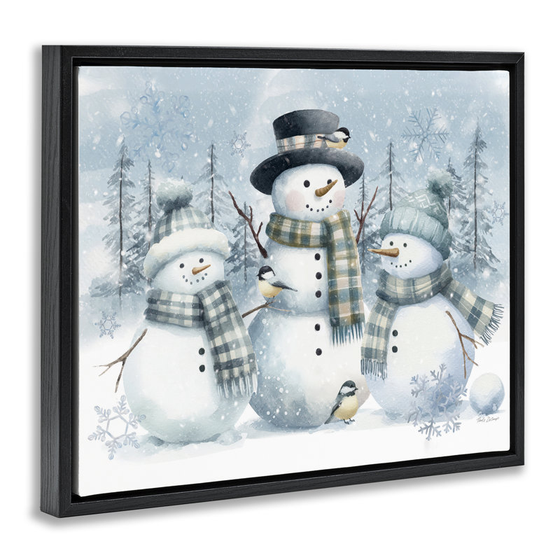 Cadre flottant bonhomme de neige et trio d'oiseaux, design par Nicole DeCamp, Cadre flottant noir de jais, H 17 po x l 21 po
