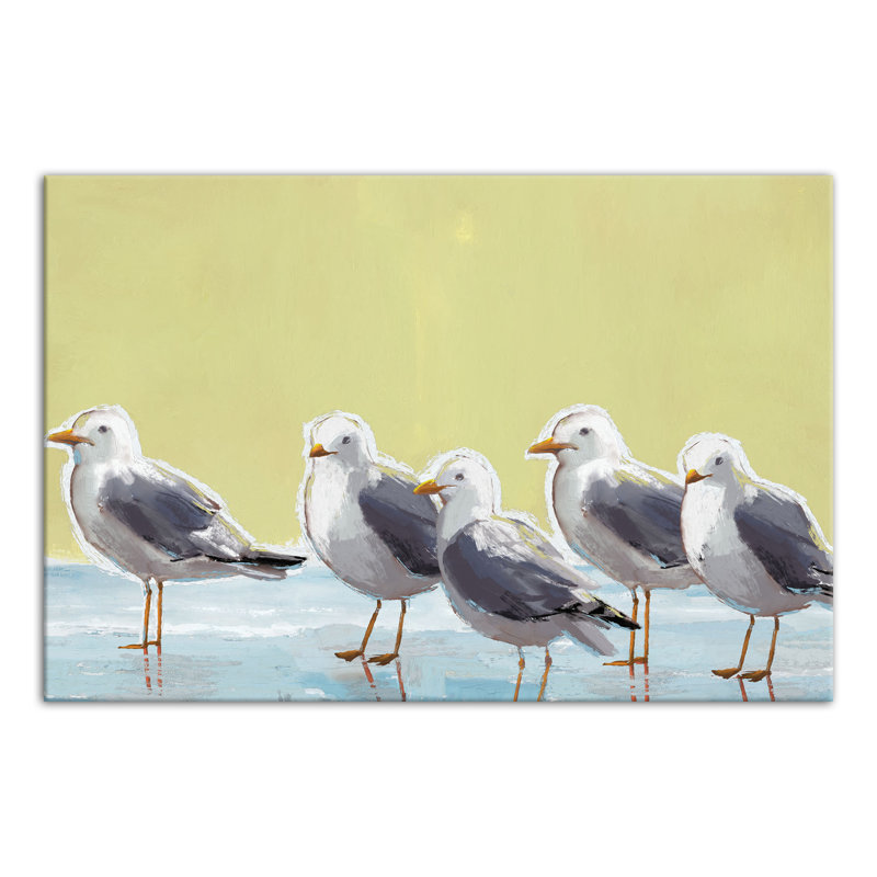 Mouettes sur fond jaune sur toile, H 12 po x l 18 po x P 1,25 po, Toile tendue