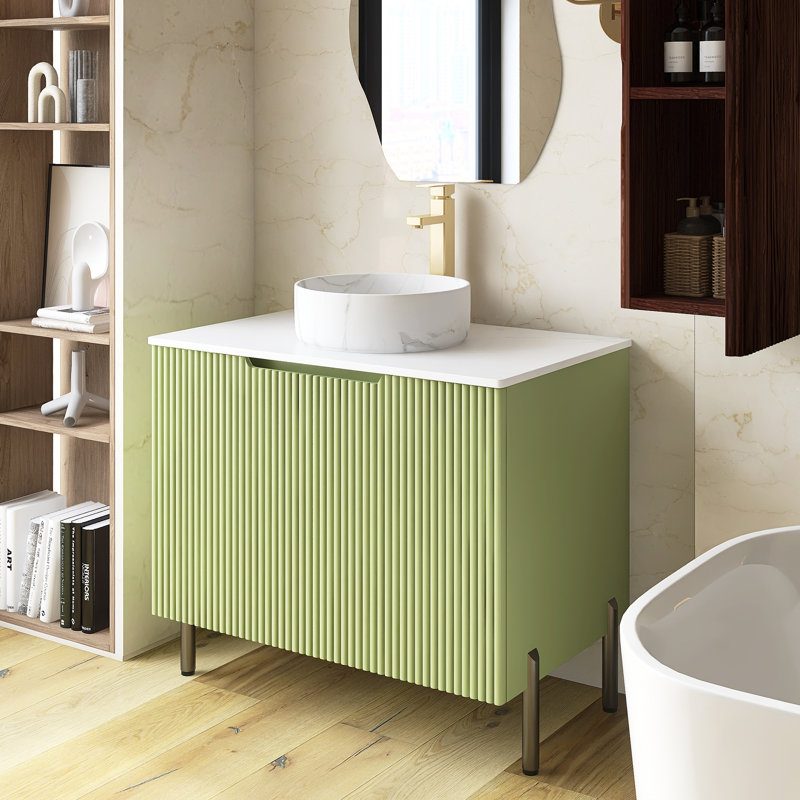 Meuble-lavabo de salle de bain avec lavabo, armoire de rangement autoportante avec 2 portes, lavabo rond en céramique blanche avec motif de pierre et comptoir blanc de Carrare, sans robinet