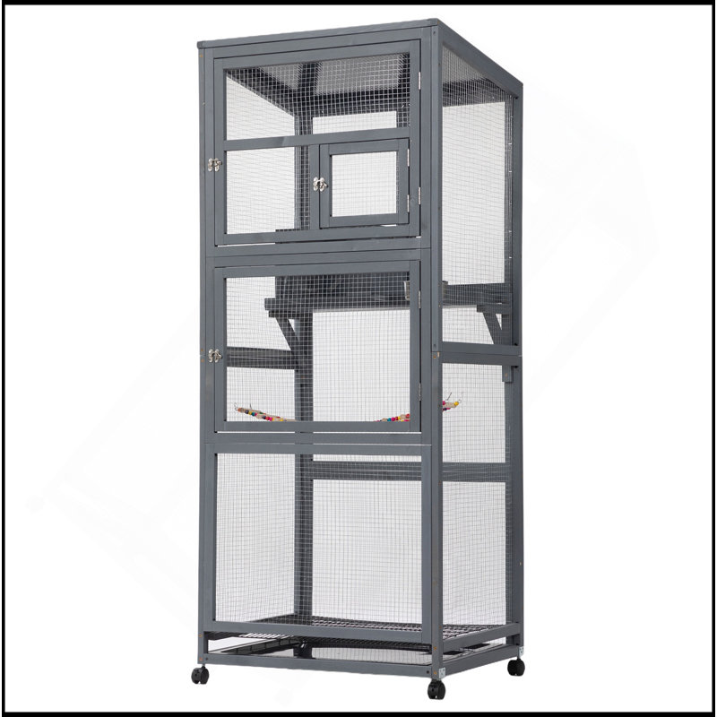 Cage à oiseaux en bois avec roues universelles - gris