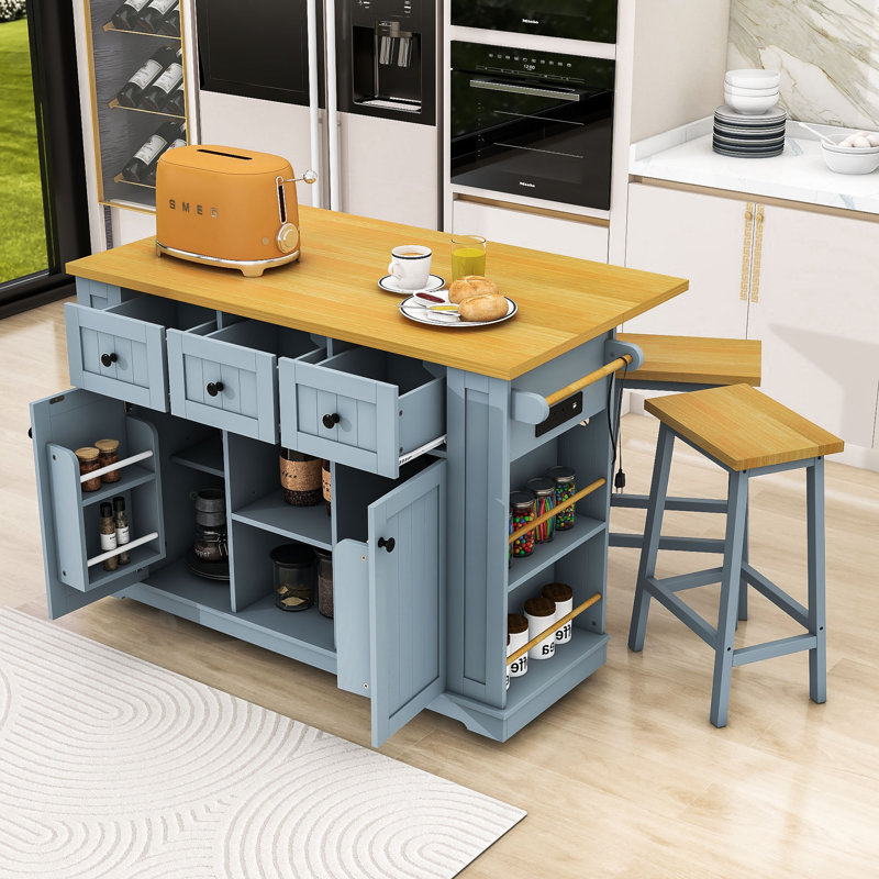 Chiyeko 3-Piece Kitchen Island Set with Storage Shelves, Built-in Charging Station and Bar Stools, Gray/Blue