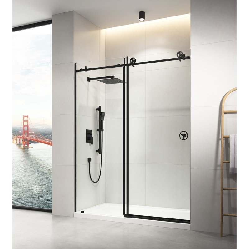 Porte de douche coulissante en verre transparent H 76 po x l 60 po en noir mat - sens d'ouverture réglable pour les salles de bain, fonction silencieuse, composants, empêche l'eau de s'infiltrer avec une salle de bain pratique