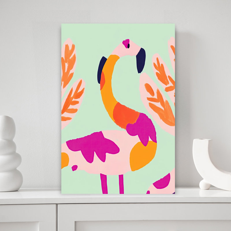 Vibrant Flamingo Leaves Abstract Colorful Playful Bird Flamingo Nature Plant Wall Art Print 1 Piece Wrapped Canvas Wall Art