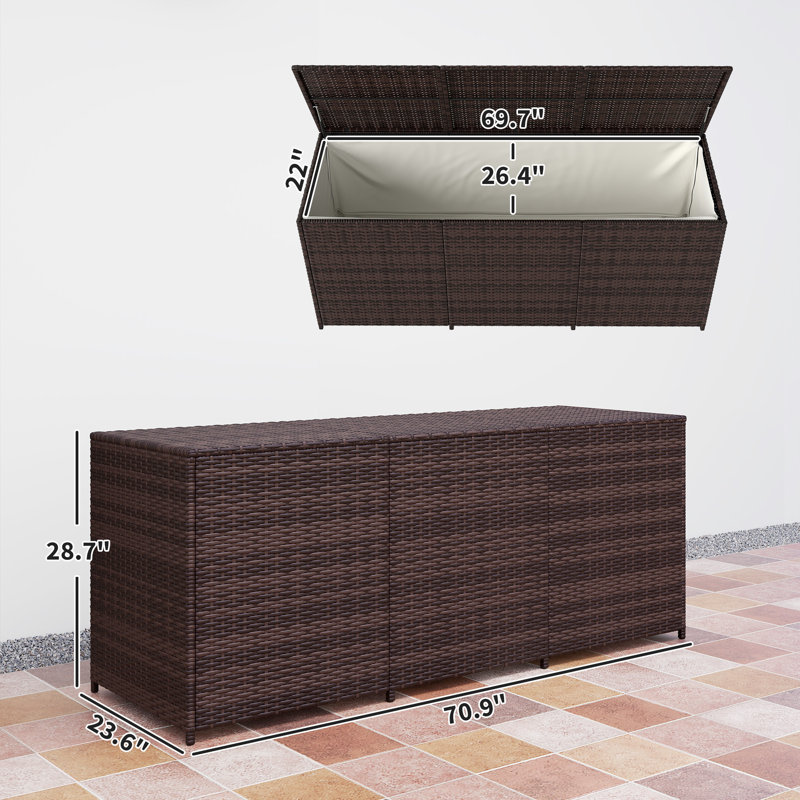 175 Gallon Outdoor Storage Box With Inner Liner, PE Rattan Wicker Deck Box With Pneumatic Bar Lift, Mixed Brown, Brown